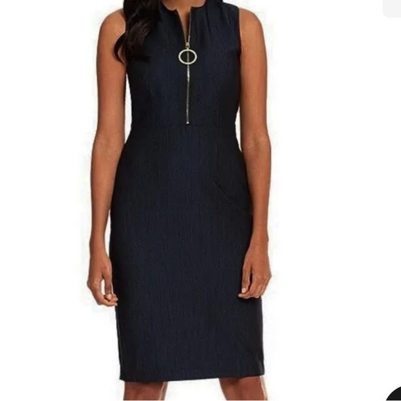 Calvin Klein Dresses & Skirts - Calvin Klein front zip sleeveless dark blue chambray denim sheets dress career